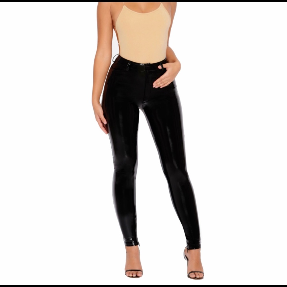 High waisted black vinyl pants